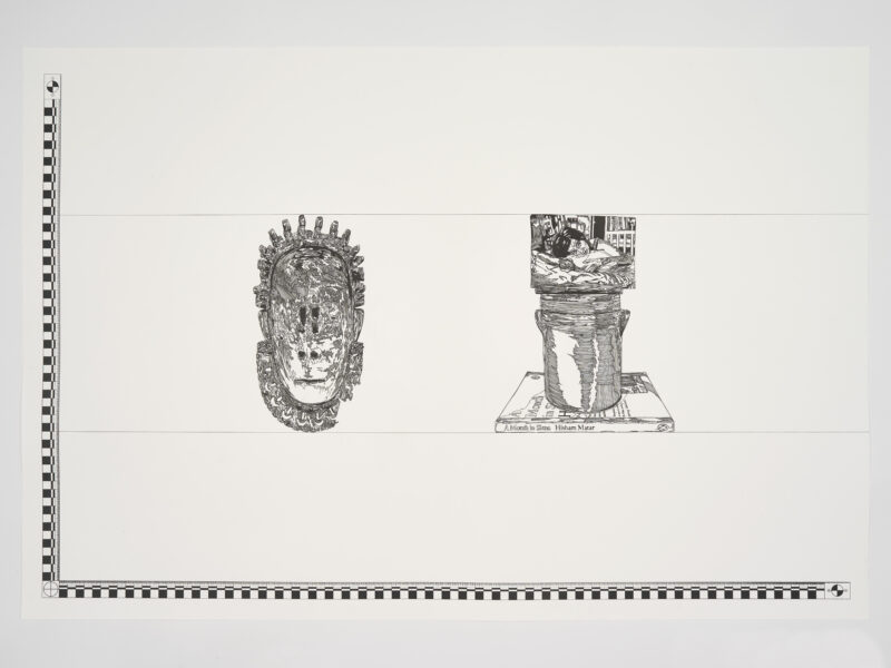 A black and white drawing featuring a detailed mask on the left and a still-life of a pot stacked on a book, with a portrait of a woman on top. A checkered border runs along the bottom and left side.